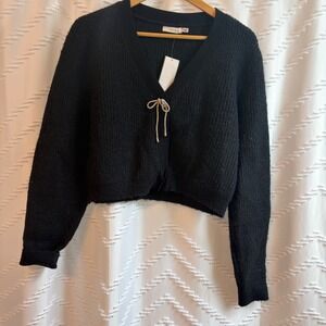 Lush Black Cropped Cardigan Sweater Rhinestone Bow Detail LT21114-FCI Small NWT